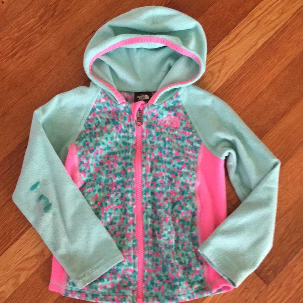 Adorable pink and green fleece zip up hoodie.